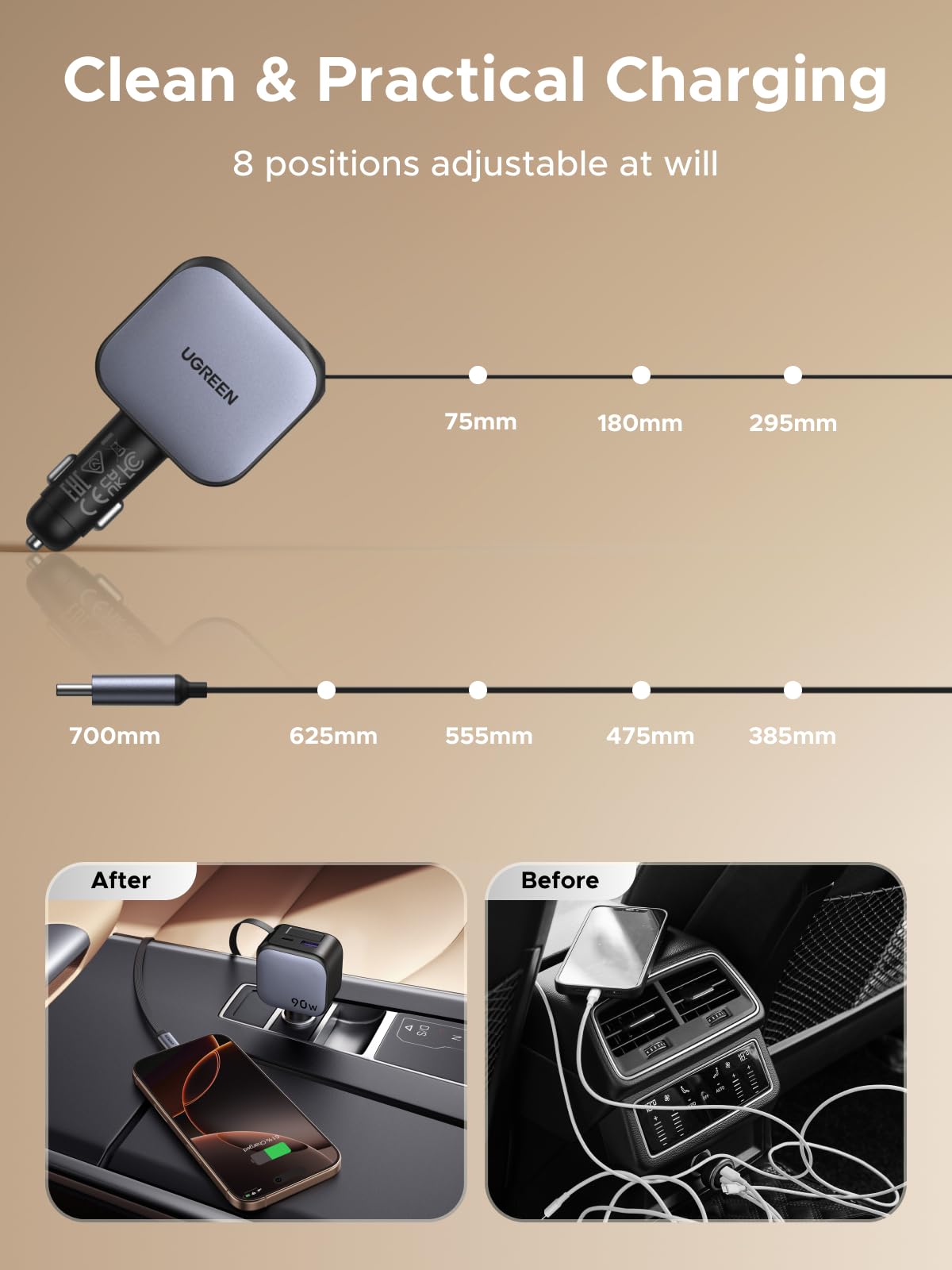 UGREEN Nexode Car Charger 90W with Retractable USB-C Cable